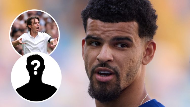 Tottenham Hotspur striker Dominic Solanke ahead of UEFA Super Cup. Inset of Thomas Frank and a mystery player.