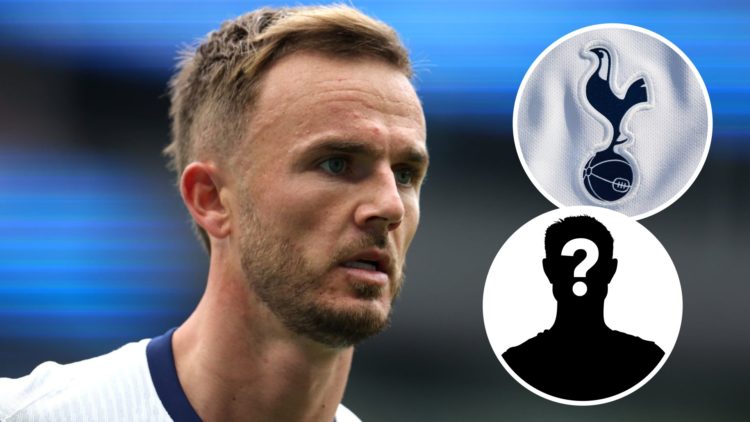 Tottenham Hotspur midfielder James Maddison during Premier League match. Inset of a mystery player and Spurs badge.