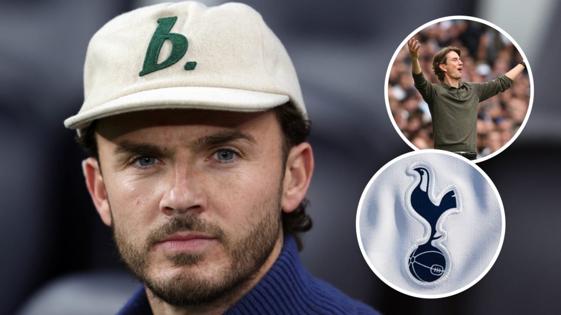 Tottenham Hotspur midfielder James Maddison watches Champions League. Inset of Thomas Frank and Spurs badge.