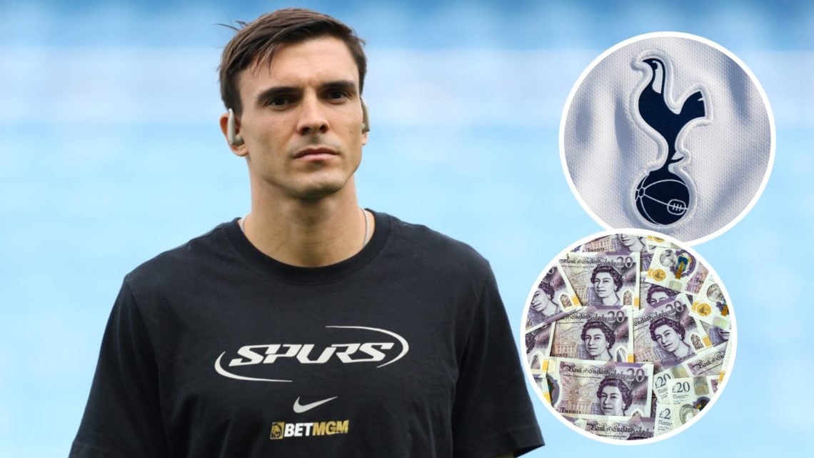 Tottenham Hotspur midfielder Joao Palhinha ahead of Brighton match. Inset of Spurs badge and money.