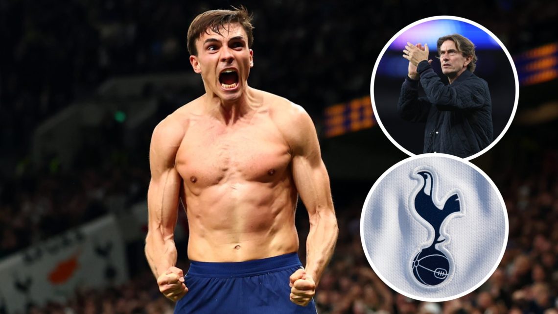 Tottenham Hotspur midfielder Joao Palhinha celebrates goal vs Wolves. Inset of Spurs badge and Thomas Frank.