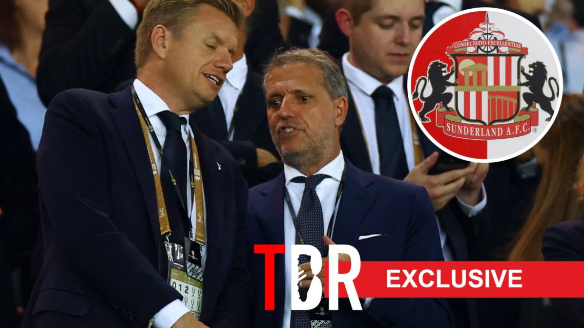 Tottenham Hotspur sporting director Johan Lange during UEFA Super Cup final. Inset of Sunderland badge.