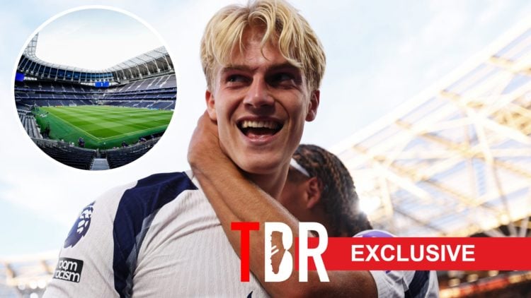 Tottenham Hotspur midfielder Lucas Bergvall celebrates goal. Inset of Tottenham Hotspur Stadium.