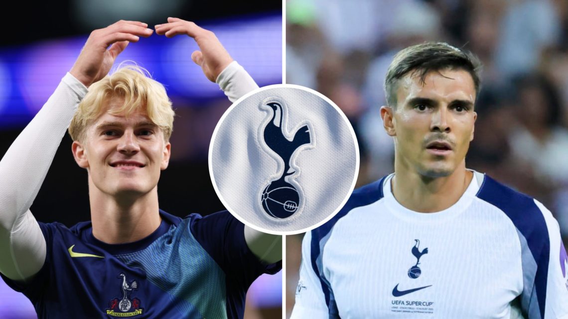 Split images of Tottenham Hotspur midfielders Lucas Bergvall (L) and Joao Palhinha (R). Inset of Spurs badge.