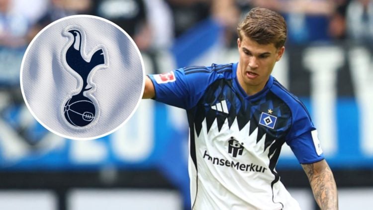 Tottenham loanee Luka Vuskovic in action during Bundesliga match. Inset of Spurs badge.
