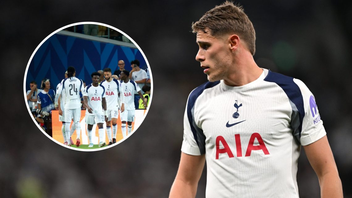 Tottenham Hotspur defender Micky van de Ven during Champions League match. Inset of Djed Spence.