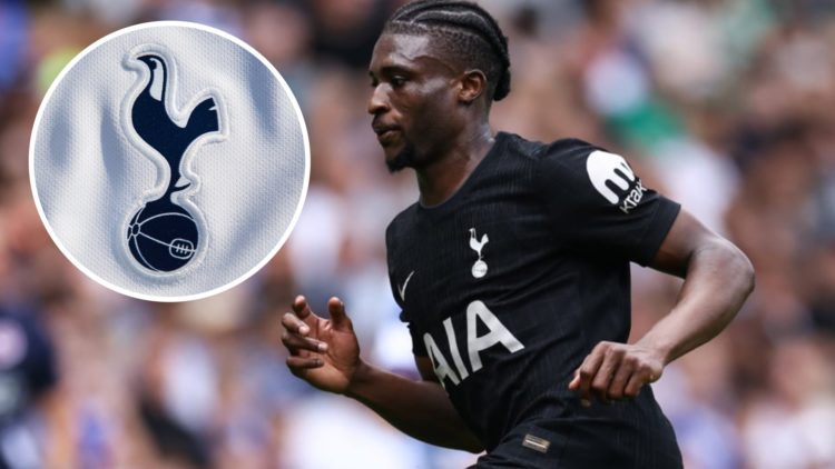 Tottenham Hotspur winger Mohammed Kudus in action during Premier League match. Inset of Spurs badge.