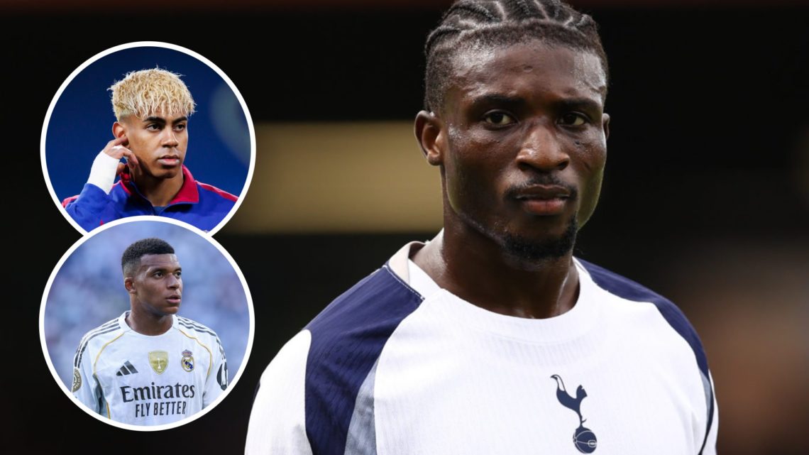 Tottenham Hotspur winger Mohammed Kudus in action. Inset of Lamine Yamal and Kylian Mbappe.