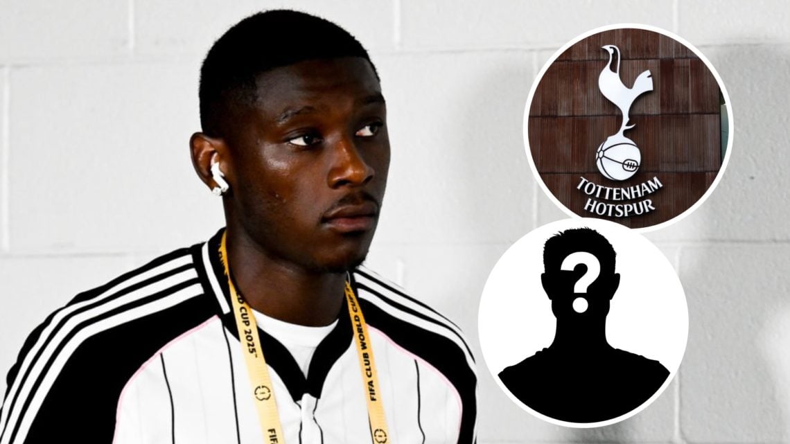 Tottenham Hotspur new signing Randal Kolo Muani ahead of FIFA Club World Cup match. Inset of Spurs badge and a mystery player.