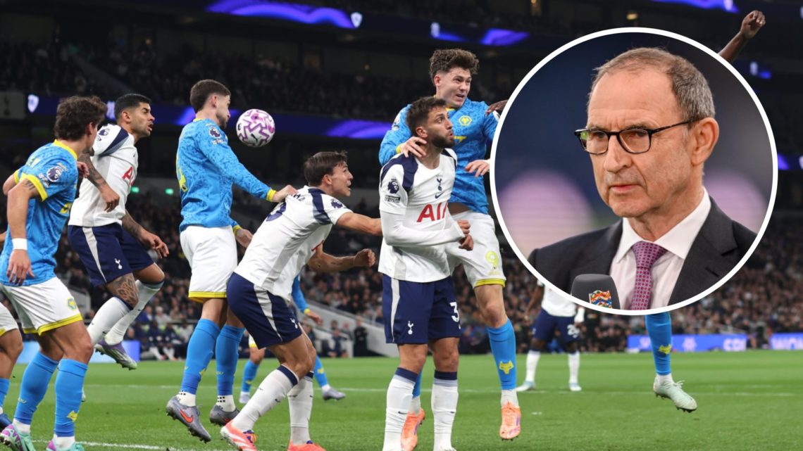 Tottenham Hotspur team defending cross vs Wolves, including Rodrigo Bentancur. Inset of Martin O'Neill.