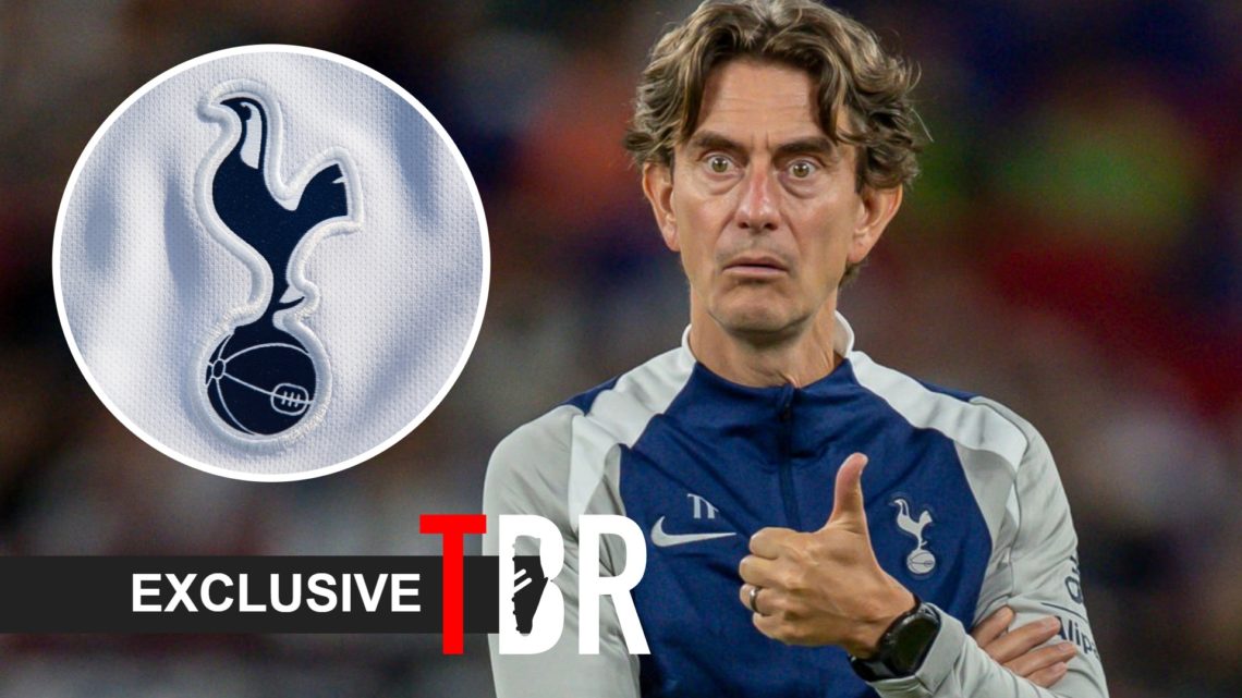 Tottenham Hotspur manager Thomas Frank during pre-season training session. Inset of Spurs badge.