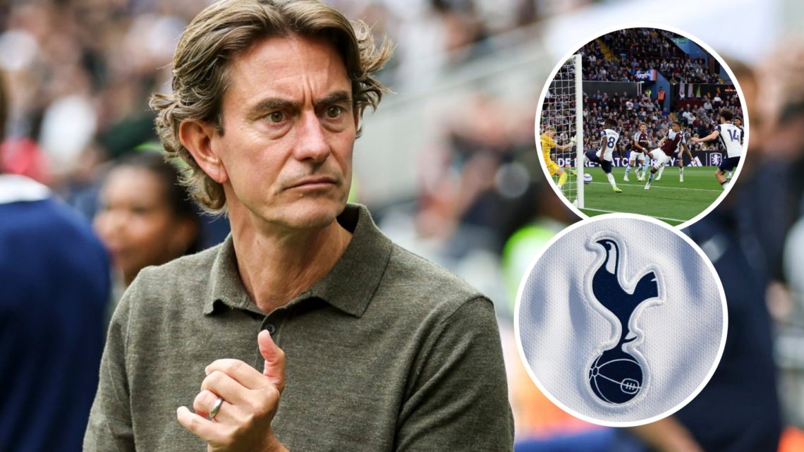 Tottenham Hotspur manager Thomas Frank ahead of Premier League match. Inset of Antonin Kinsky and Spurs badge.