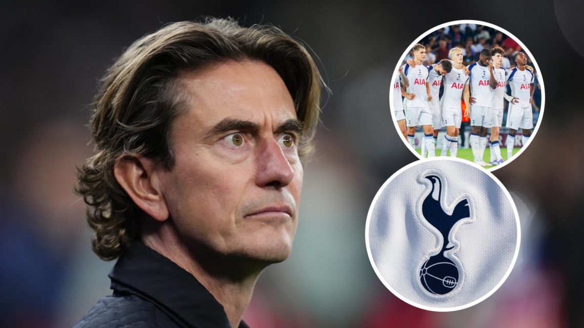 Tottenham Hotspur manager Thomas Frank during Premier League match. Inset of Spurs badge and Archie Gray.