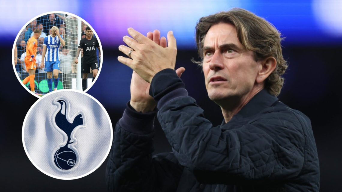 Tottenham Hotspur manager Thomas Frank after Champions League match. Inset of Spurs scoring against Brighton and a Tottenham badge.