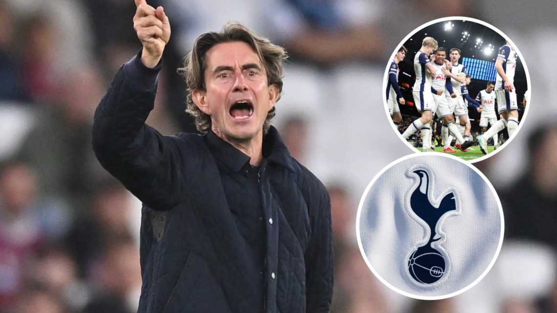 Tottenham Hotspur manager Thomas Frank during Premier League match. Inset of Dane Scarlett and Spurs badge.
