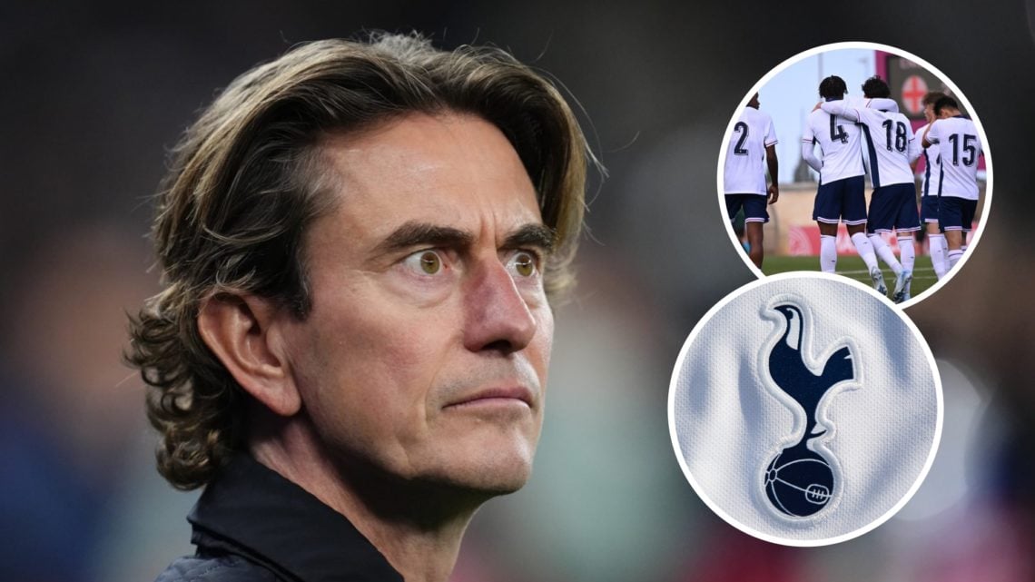 Tottenham Hotspur manager Thomas Frank ahead of Champions League match. Inset of Luca Williams-Barnett and Spurs badge.