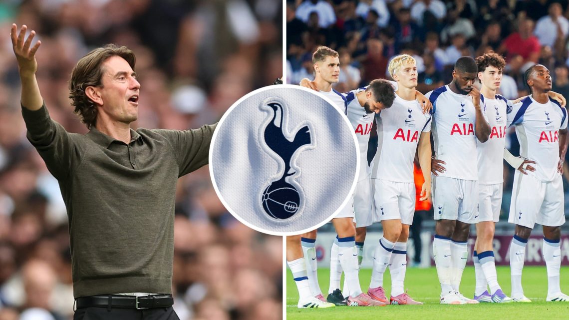 Split image of Tottenham Hotspur manager Thomas Frank (L) and Spurs squad, including Mathys Tel.