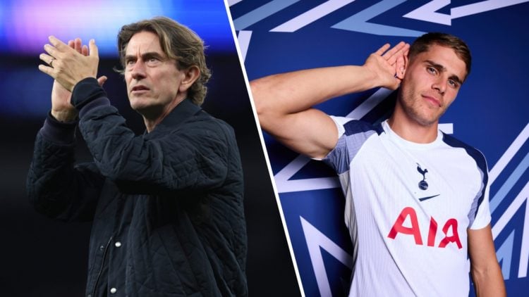Split image of Tottenham Hotspur manager Thomas Frank (L) and Spurs defender Micky van de Ven (R).