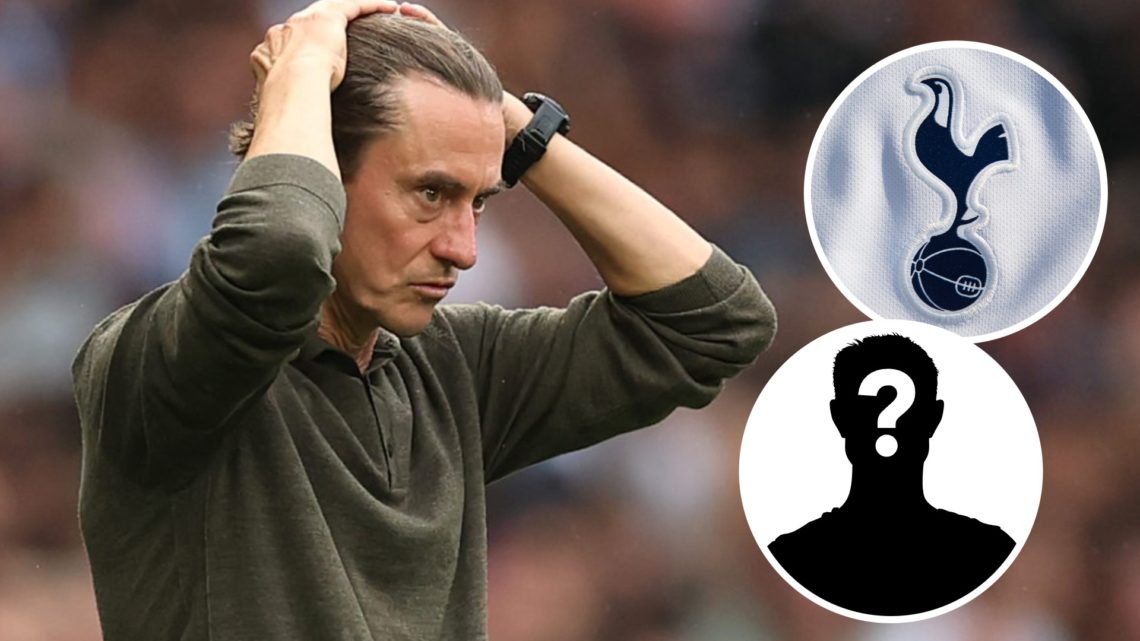 Tottenham Hotspur manager Thomas Frank ahead of Premier League match. Inset of Spurs badge and a mystery player.