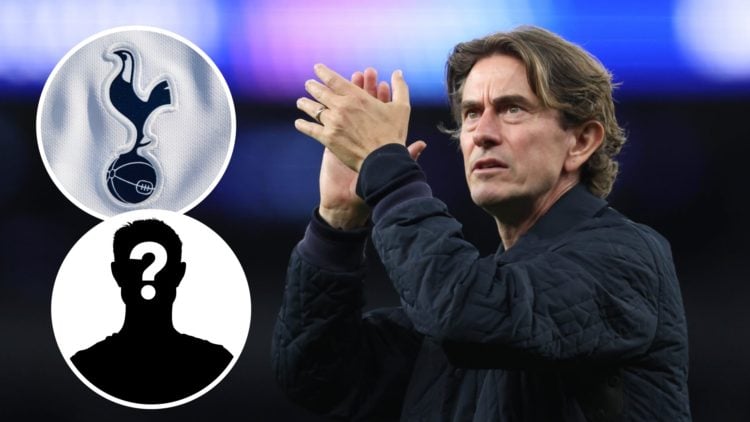 Tottenham Hotspur manager Thomas Frank after Champions League match. Inset of Spurs badge and a mystery player.