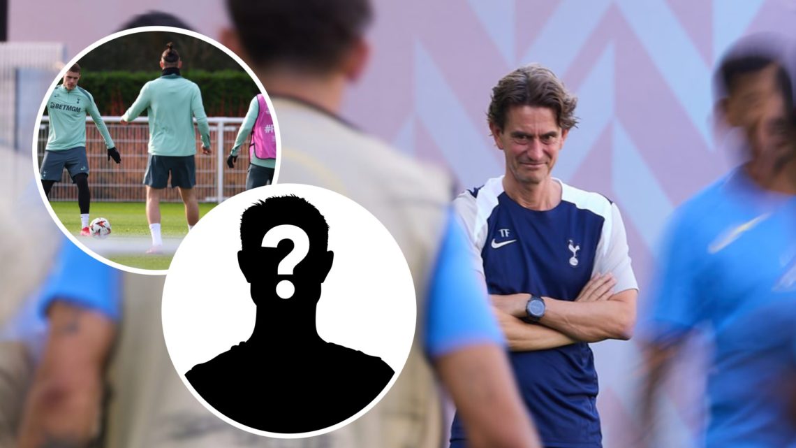 Tottenham Hotspur manager Thomas Frank during training. Inset of Radu Dragusin and a mystery player.