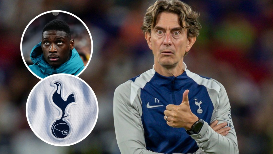 Tottenham Hotspur manager Thomas Frank ahead of pre-season match. Inset of new signing Randal Kolo Muani and Spurs badge.