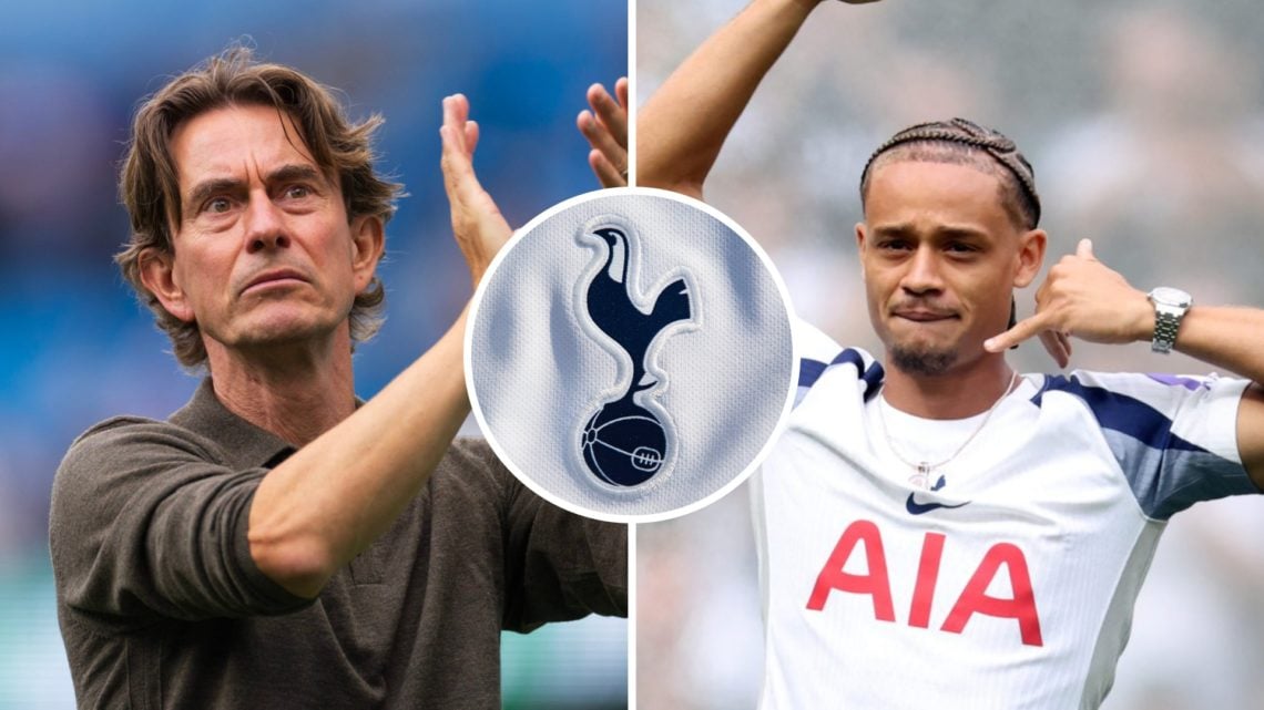 Split image of Tottenham Hotspur manager Thomas Frank (L) and new Spurs signing Xavi Simons (R). Inset of Tottenham badge.