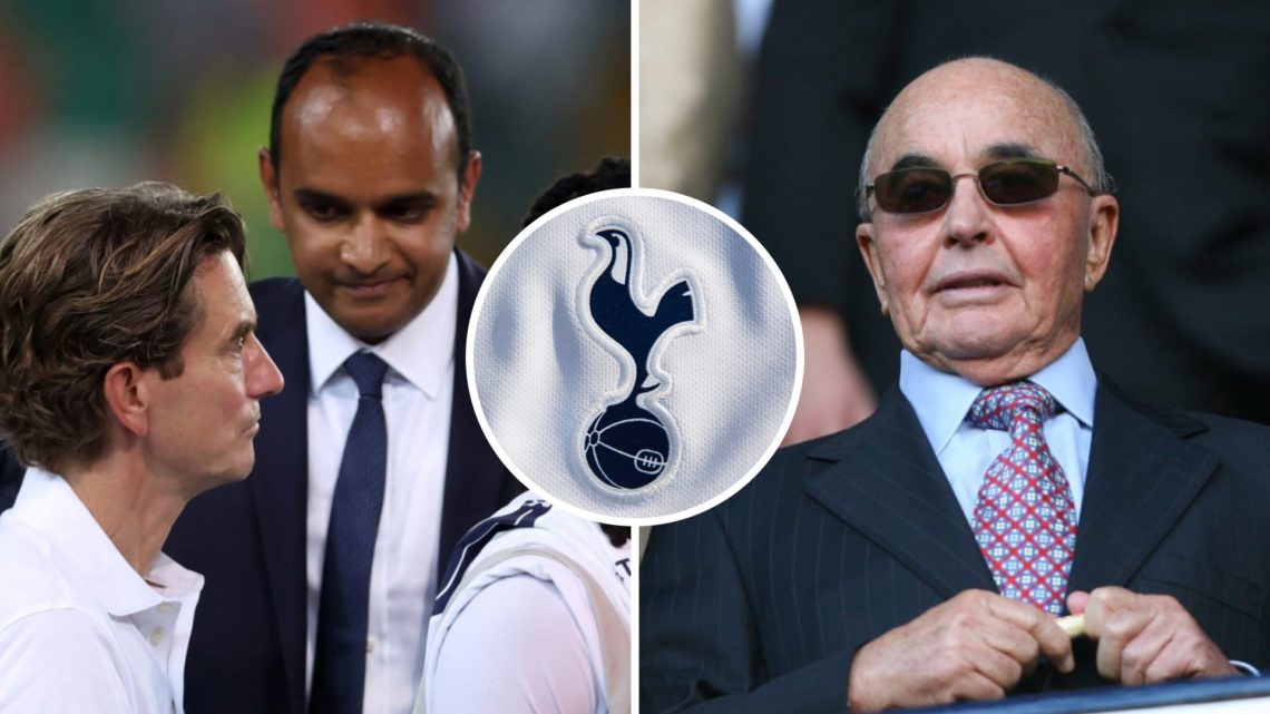 Split image of Tottenham Hotspur's CEO Vinai Venkatesham (L) and Spurs' majority shareholder Joe Lewis (R). Inset of Tottenham badge.