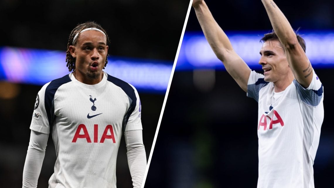 Split image of Tottenham Hotspur players Xavi Simons (L) and Joao Palhinha (R) during Champions League match.