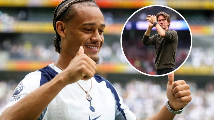 Tottenham Hotspur winger Xavi Simons being unveiled. Inset of Spurs manager Thomas Frank.