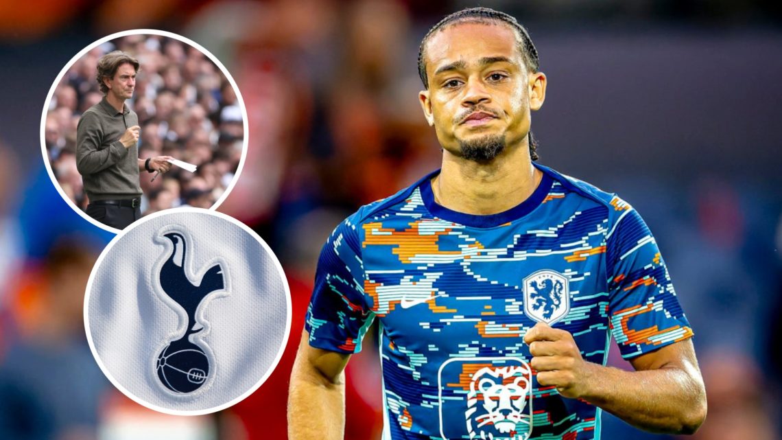 Tottenham Hotspur new signing Xavi Simons during Netherlands match. Inset of Spurs manager Thomas Frank during Premier League and Spurs badge.