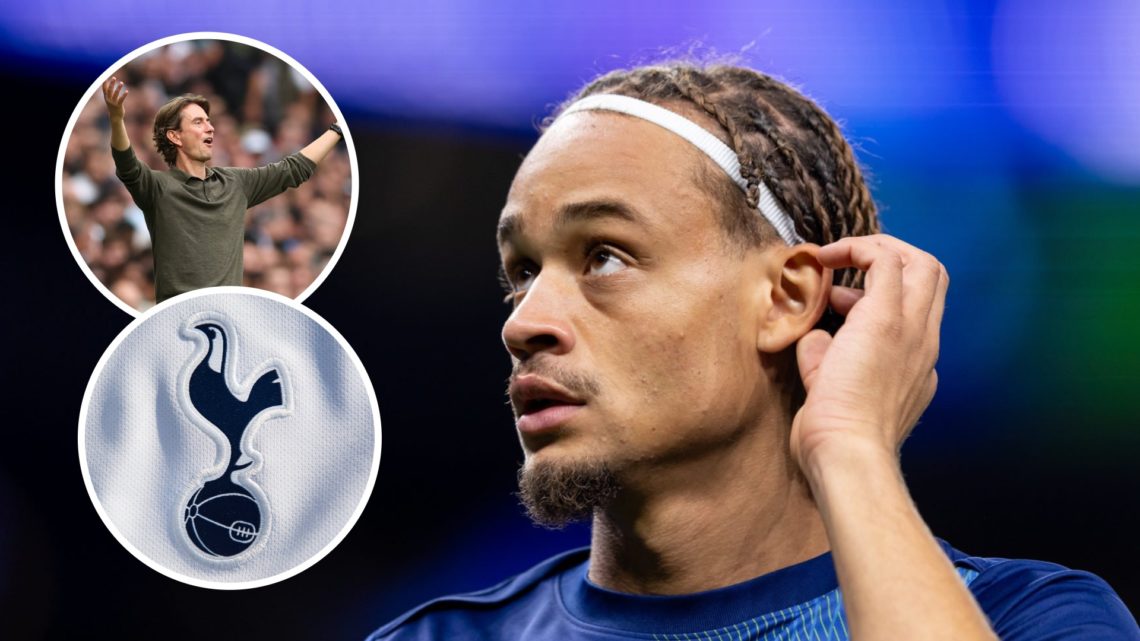 Tottenham Hotspur forward Xavi Simons ahead of Champions League match vs Villarreal. Inset of Spurs badge and Thomas Frank.