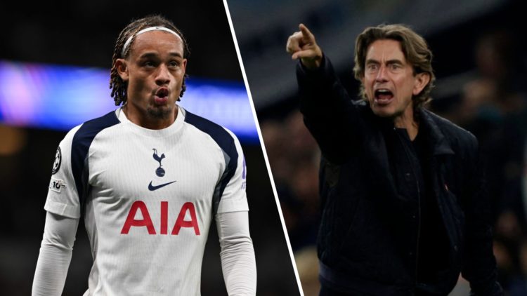 Split image of Tottenham Hotspur forward Xavi Simons (L) and Spurs manager Thomas Frank (R).