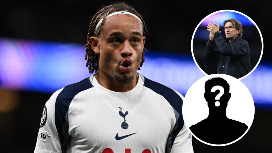 Tottenham Hotspur attacker Xavi Simons during Champions League match. Inset of Thomas Frank and a mystery player.