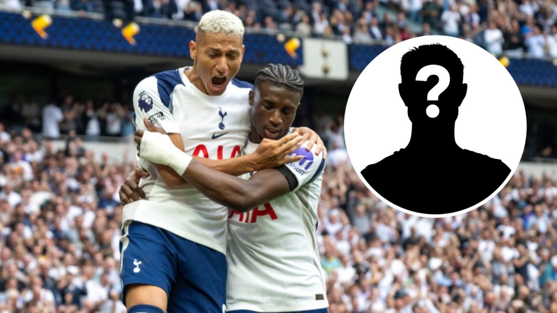 Tottenham attackers Richarlison and Mohammed Kudus celebrating goal. Inset of a mystery player.