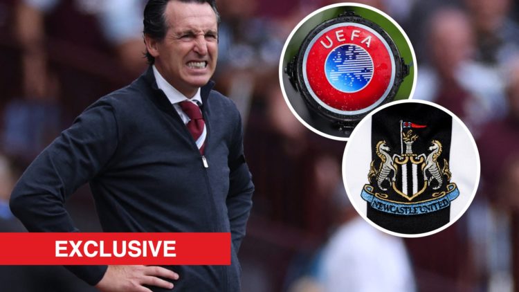 Aston Villa boss Unai Emery looks on. Inset, the UEFA logo and a Newcastle United crest