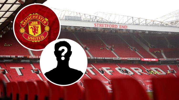 A general view inside Old Trafford before Manchester United vs Chelsea, alongside insets of the United club badge and a white mystery player silhou...