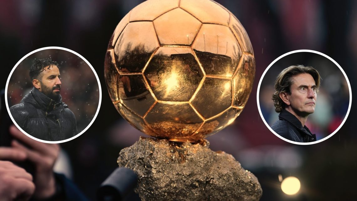 The Ballon d'Or trophy on display in Ukraine, alongside insets of Manchester United head coach Ruben Amorim and Tottenham boss Thomas Frank