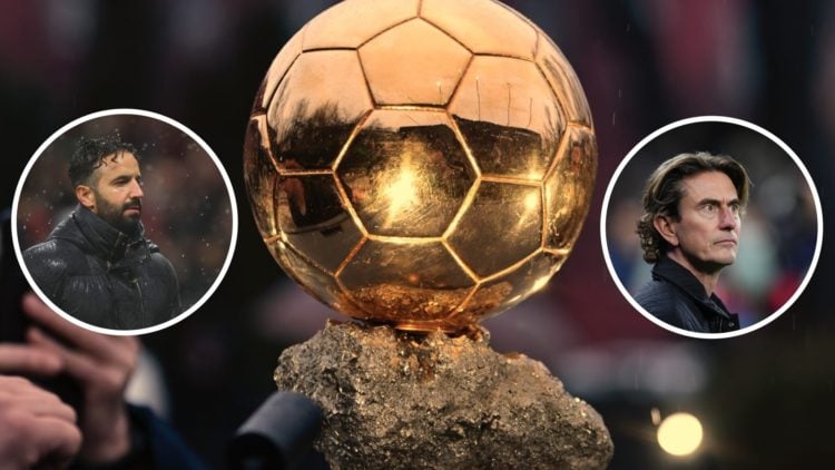 The Ballon d'Or trophy on display in Ukraine, alongside insets of Manchester United head coach Ruben Amorim and Tottenham boss Thomas Frank