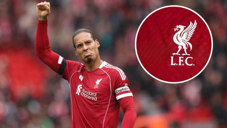 Virgil van Dijk celebrates after Liverpool's victory over Everton, alongside an inset of the Liverpool club badge