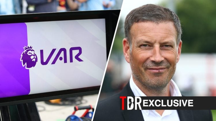Split image of a VAR monitor and Mark Clattenburg, TBR logo and exclusive label inset