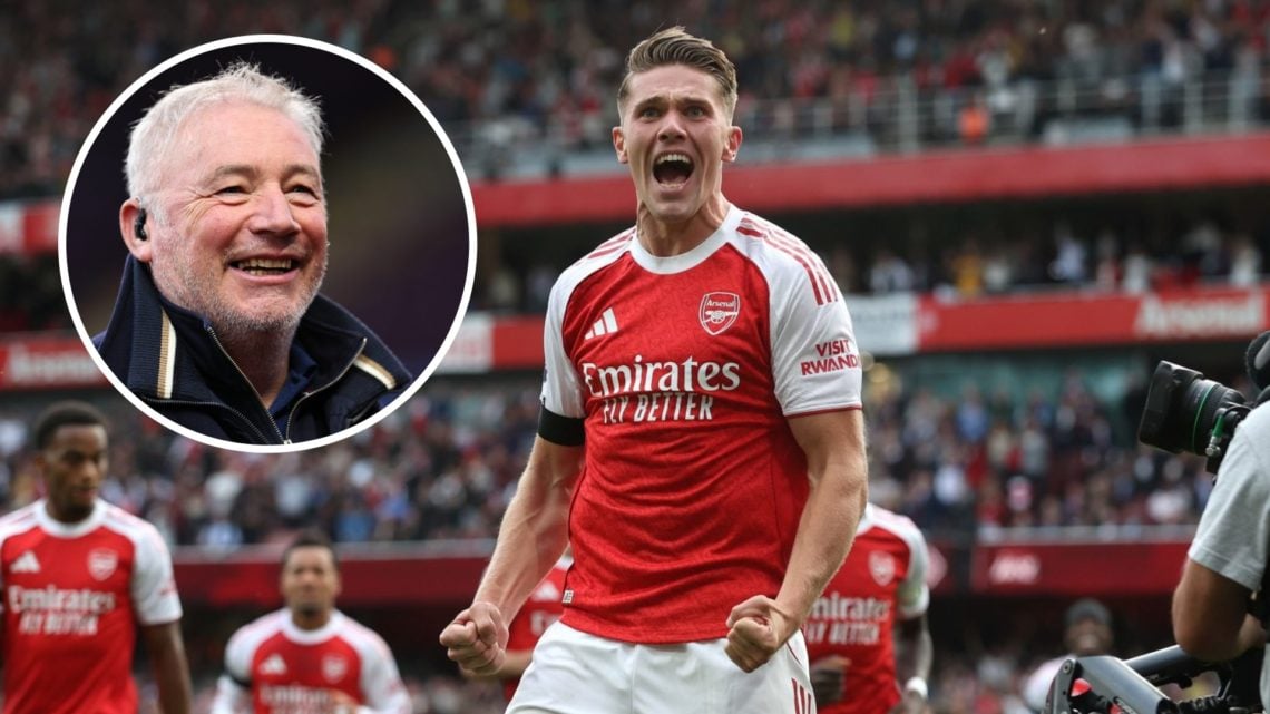 Viktor Gyokeres celebrates an Arsenal goal (right) with Ally McCoist doing punditry (left)