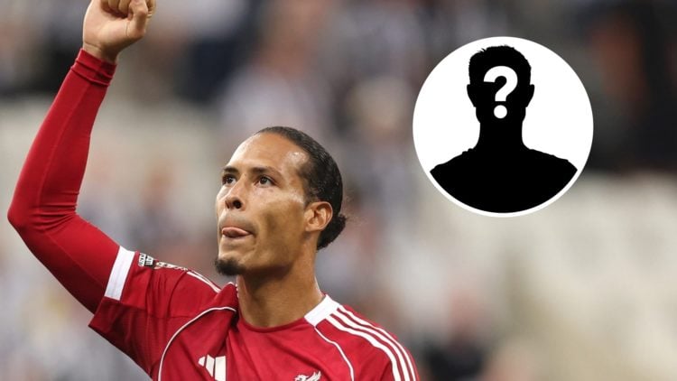 Liverpool defender Virgil van Dijk celebrates against Newcastle United. Inset, a mystery player icon.
