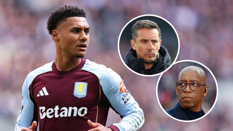 Aston Villa striker Ollie Watkins alongside insets of Gary Neville and Ian Wright.