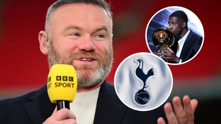 Wayne Rooney working for BBC Sport. Inset of Tottenham Hotspur badge and Ousmane Dembele with the Ballon d'Or.