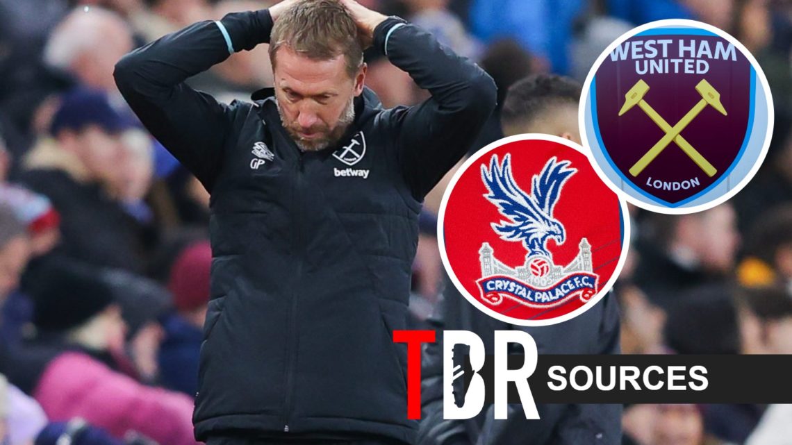 West Ham United manager Graham Potter looks gutted. Inset of West Ham and Crystal Palace badges.