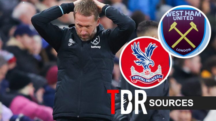 West Ham United manager Graham Potter looks gutted. Inset of West Ham and Crystal Palace badges.