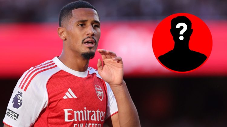 William Saliba looks on during an Arsenal match alongside a mystery player inset