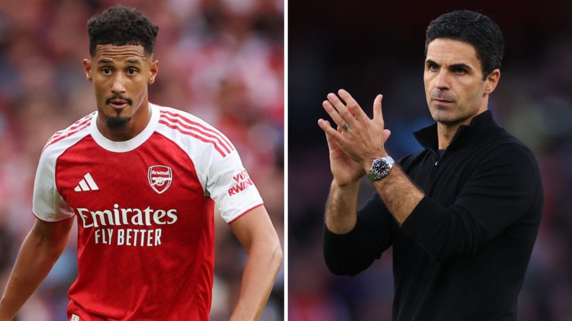 A split image of William Saliba playing for Arsenal alongside Mikel Arteta applauding