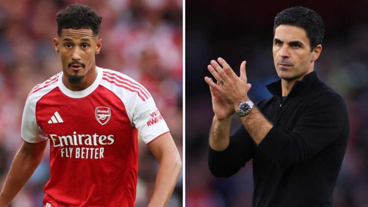 A split image of William Saliba playing for Arsenal alongside Mikel Arteta applauding